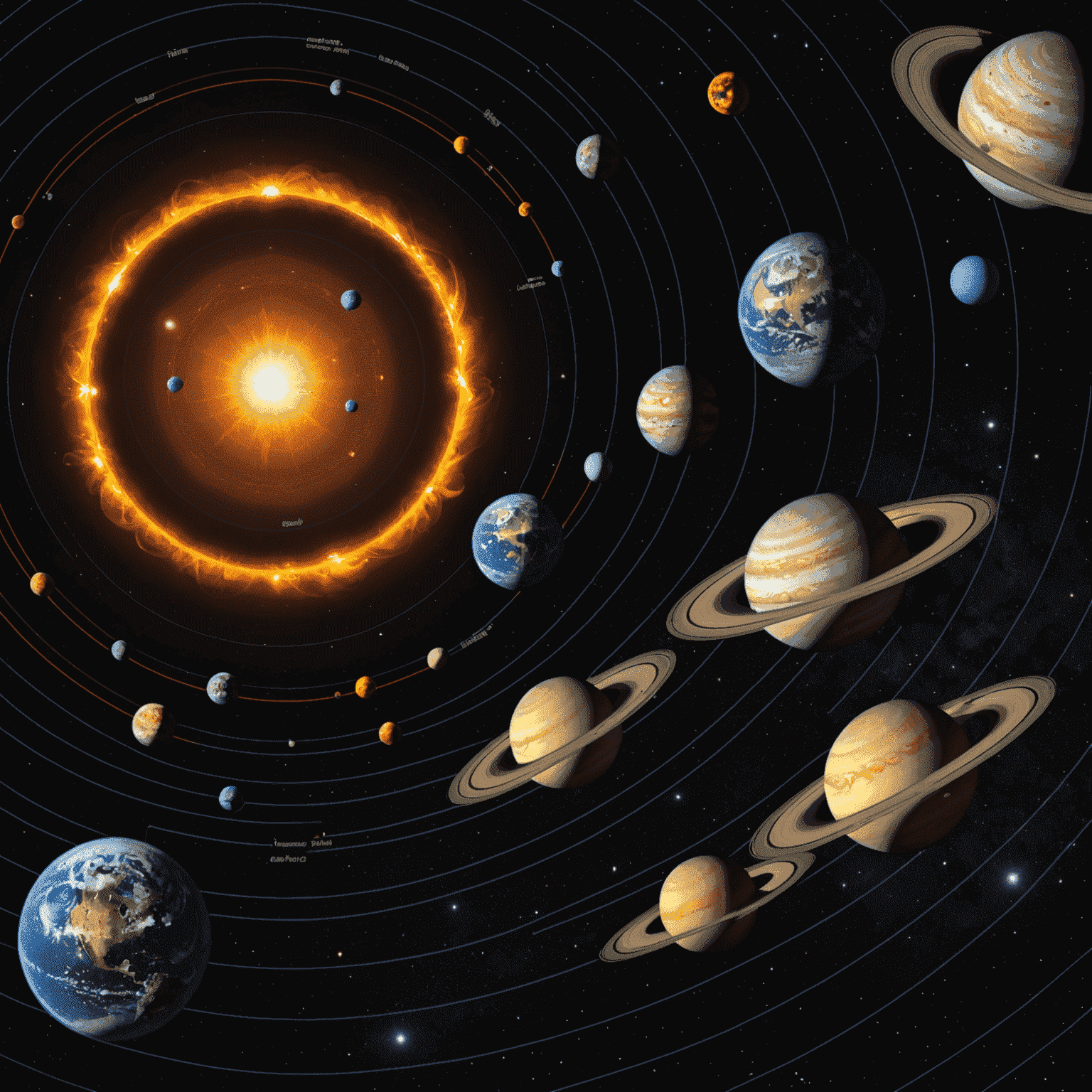 Ein Bild des Sonnensystems mit hervorgehobenen Planetenbahnen, die die aktuellen Transite darstellen. Die Planeten sind in leuchtenden Farben dargestellt, und ihre Bahnen kreuzen sich in einem komplexen Muster.